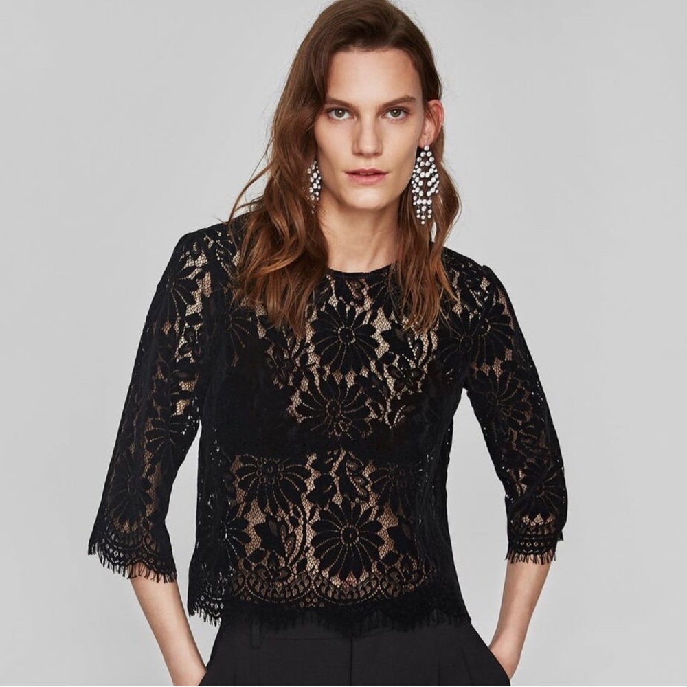 Zara Woman Black Flocked Lace Top